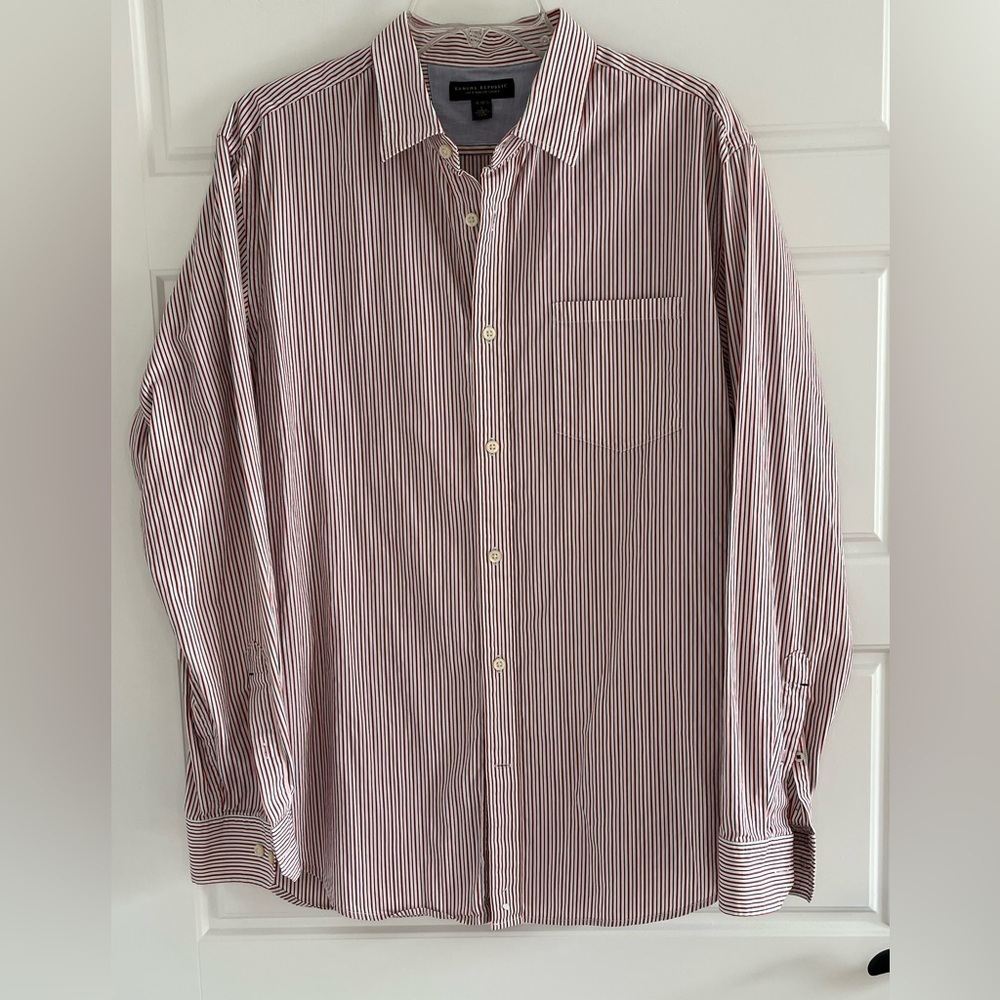 Banana Republic Soft Wash Button Up Shirt Red White Blue Pinstripe Cotton Mens L